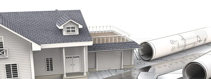 3D model of a weatherboard house beside rolled-up plans